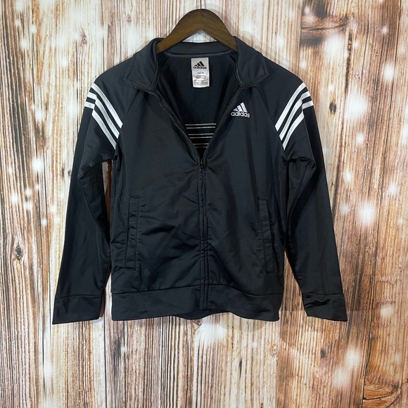 Adidas black logo zippered jacket great condition size medium 10/12 youth - Picture 1 of 4